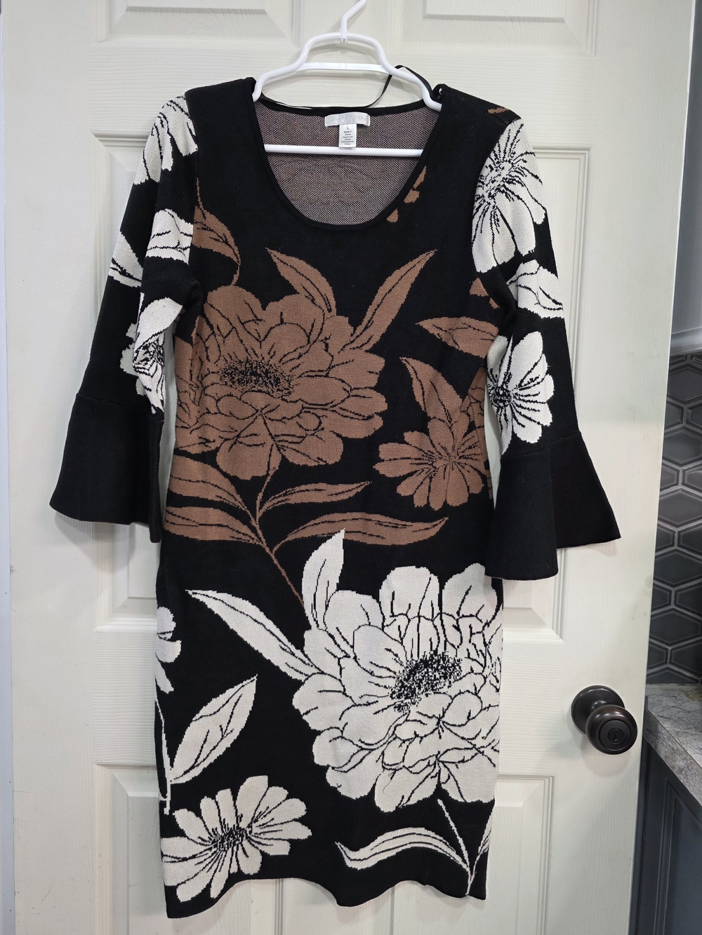 London Times Black Knit Midi Dress with Cream & Brown Floral